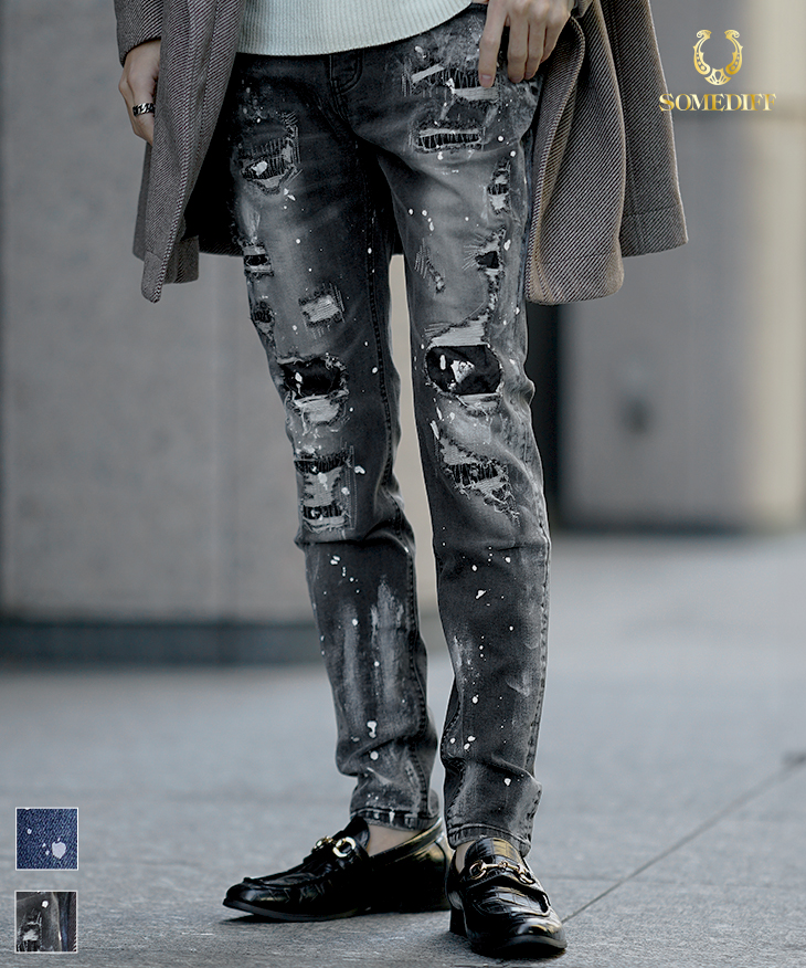 ダメージペンキ加工テーパードデニムパンツ