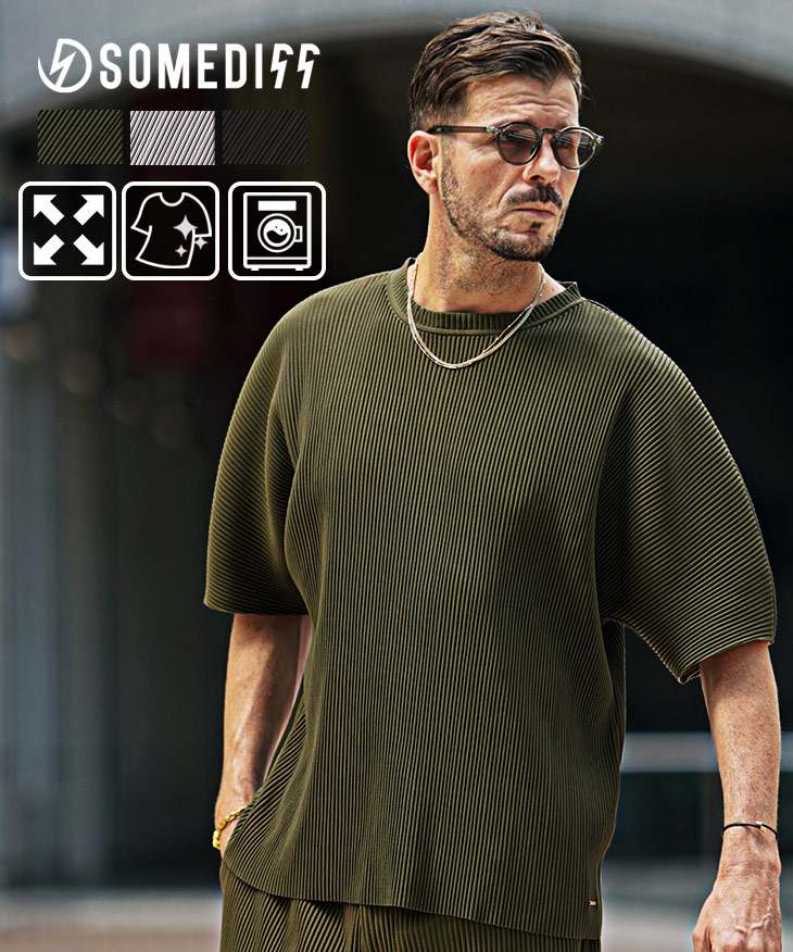  プリーツクルーネック半袖Tシャツ