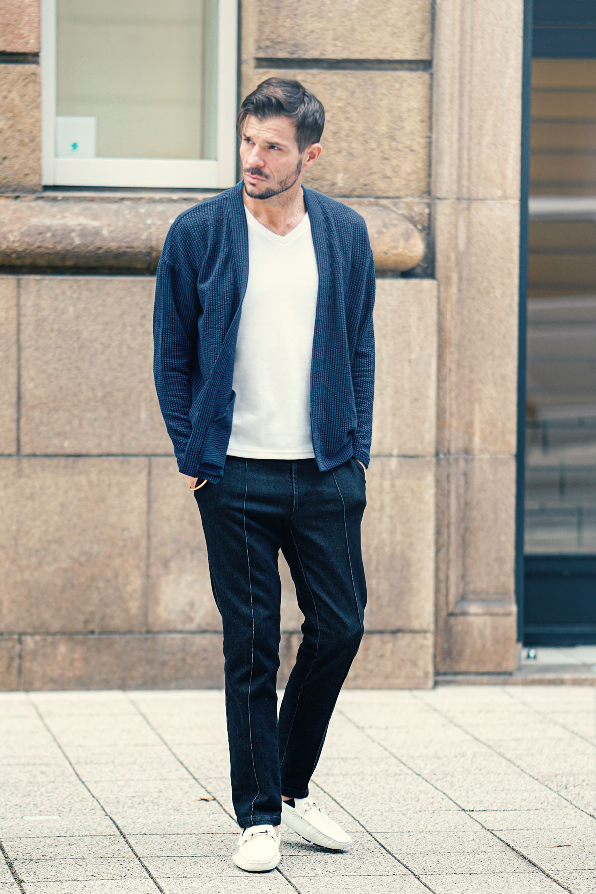 シアサッカーカーディガン全身