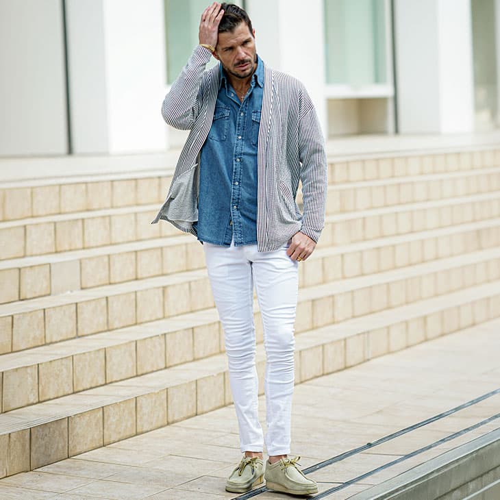 ノーカラー×カーディガンファッション