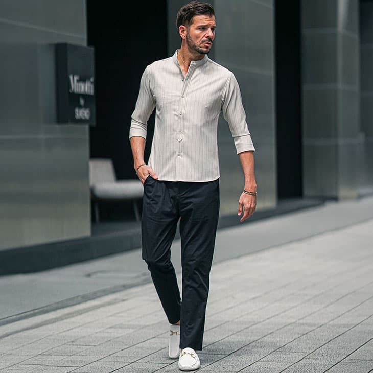 7分袖シャツ×メッシュパンツ