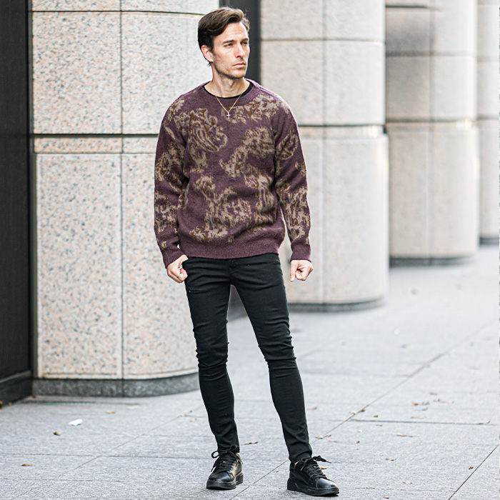 モヘアタッチ総柄ニット｜無地に飽きた大人の主役ニット｜メンズ